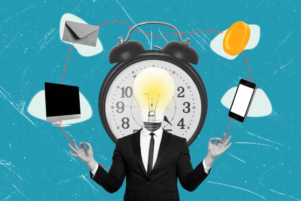 Contemporary art collage. Conceptual design with businessman, alarm clock behind his back symbolizing time for work.